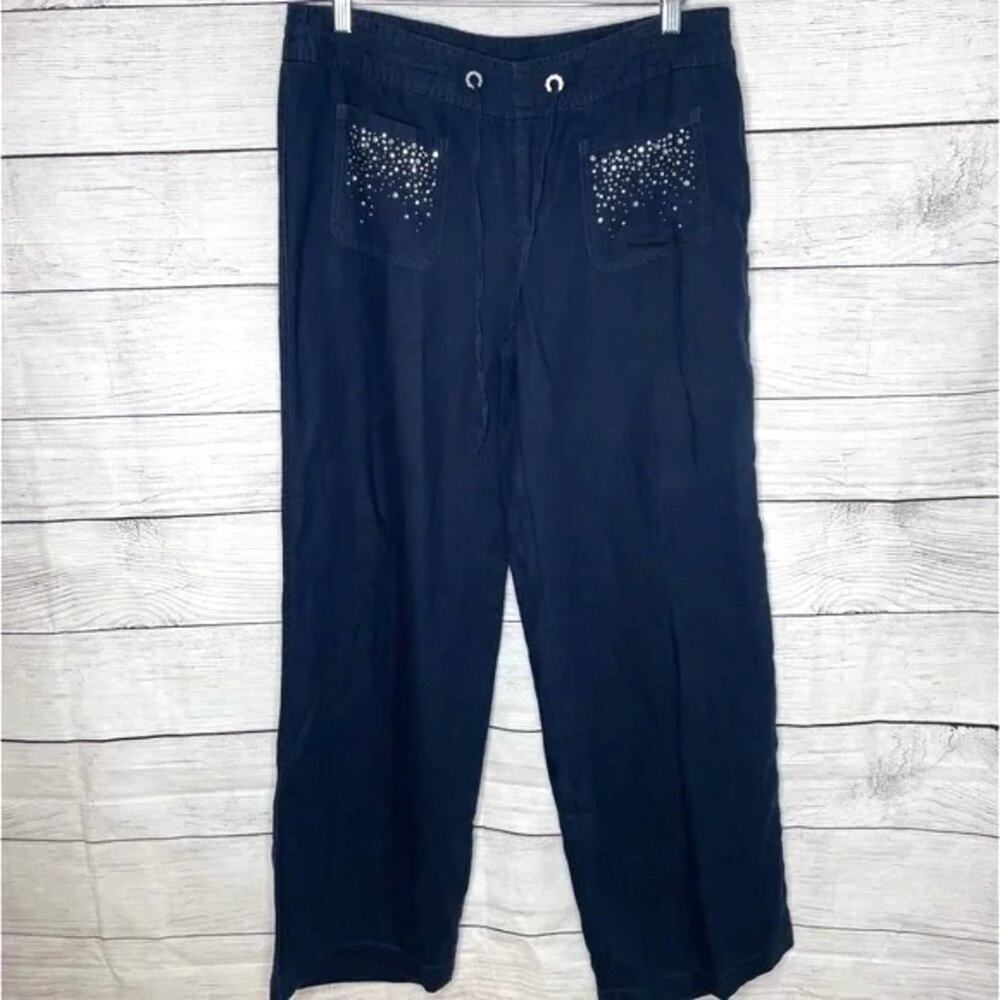 INC International Concepts 100% Linen Navy Blue Pants Embellished Pockets 12